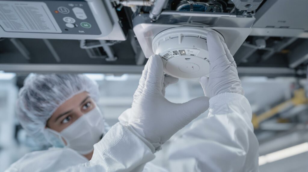 Technician installing a smoke detector in a cleanroom.