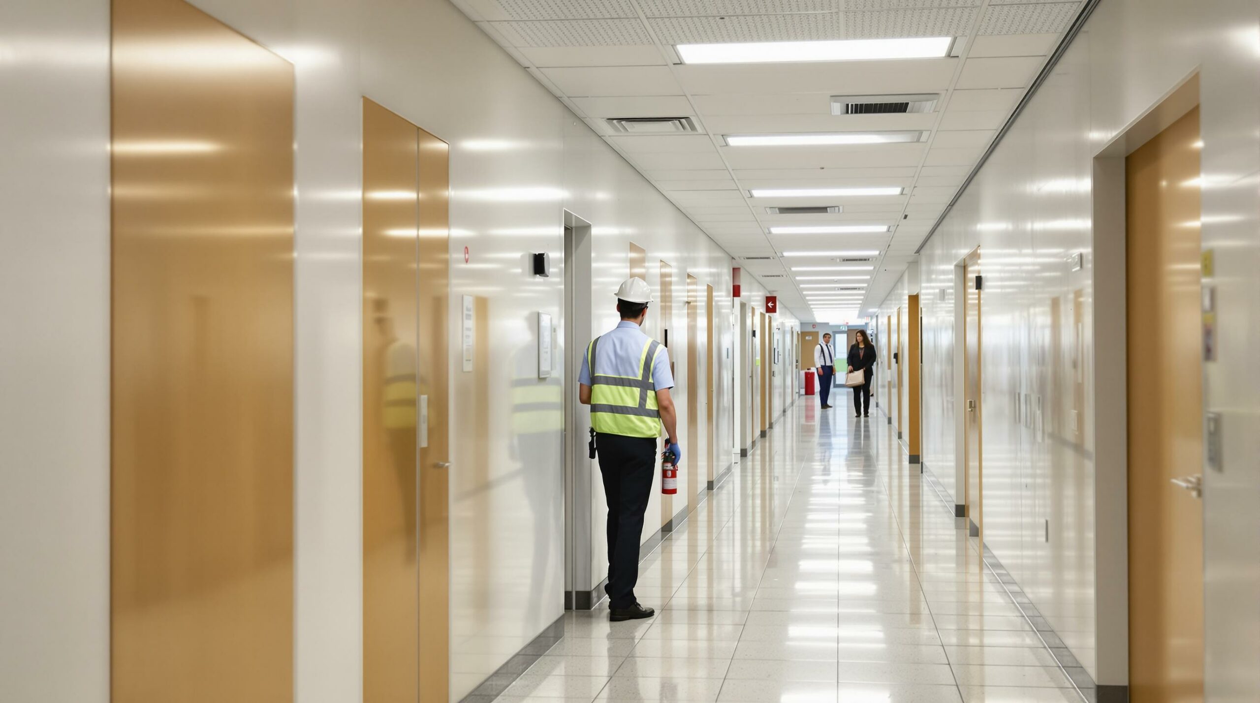 Worker with fire extinguisher in office hallway.