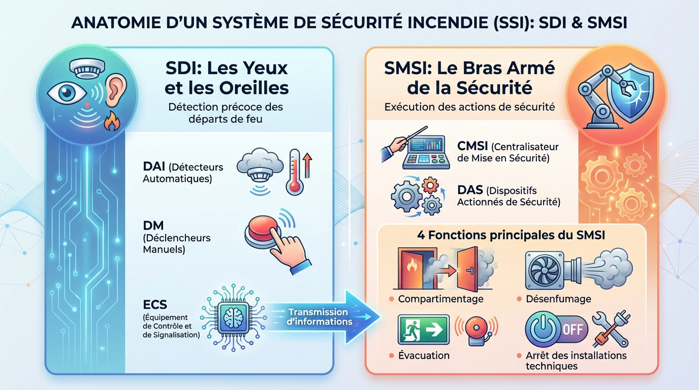 SSI incendie : définition, rôle et réglementation 2 Alise SSI – Sécurité et Sérénité Assurée Alise Schéma explicatif de l'anatomie d'un système de sécurité incendie montrant l'interaction entre SDI et SMSI