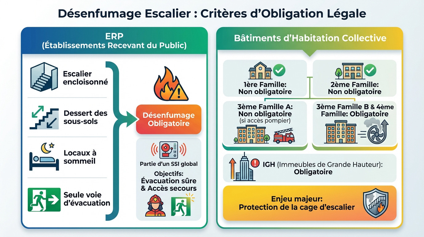 Désenfumage escalier obligatoire : Les règles à connaître 1 Alise SSI – Sécurité et Sérénité Assurée Alise Schéma illustrant les critères d'obligation légale pour le désenfumage des escaliers en ERP et habitation