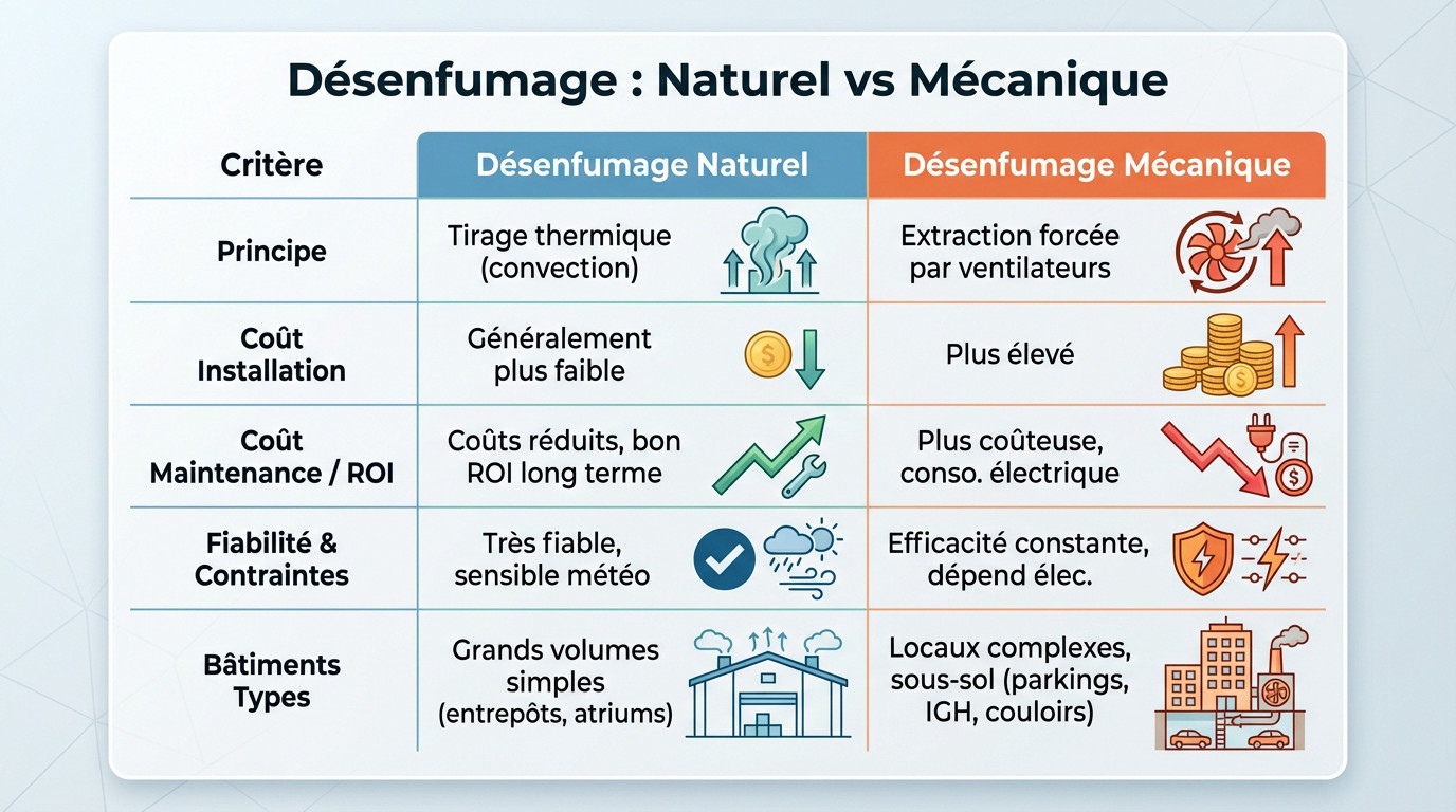 Désenfumage naturel ou mécanique : le comparatif 2025 2 Alise SSI – Sécurité et Sérénité Assurée Alise Comparaison technique entre un système de désenfumage naturel par exutoires et un système mécanique par ventilateurs