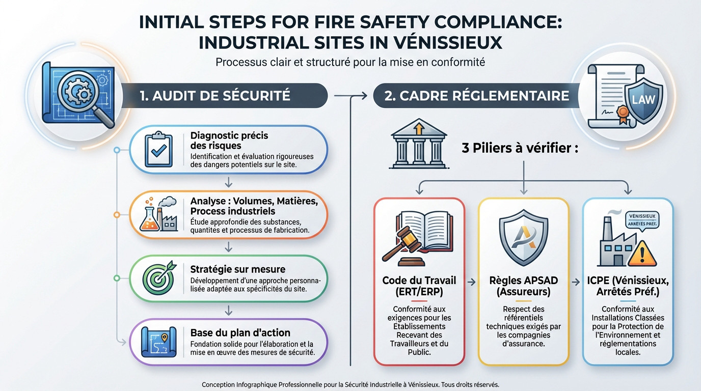 Protection incendie Vénissieux : Expert zone industrielle 1 Alise SSI – Sécurité et Sérénité Assurée Alise Étapes clés pour la sécurité incendie des sites industriels à Vénissieux
