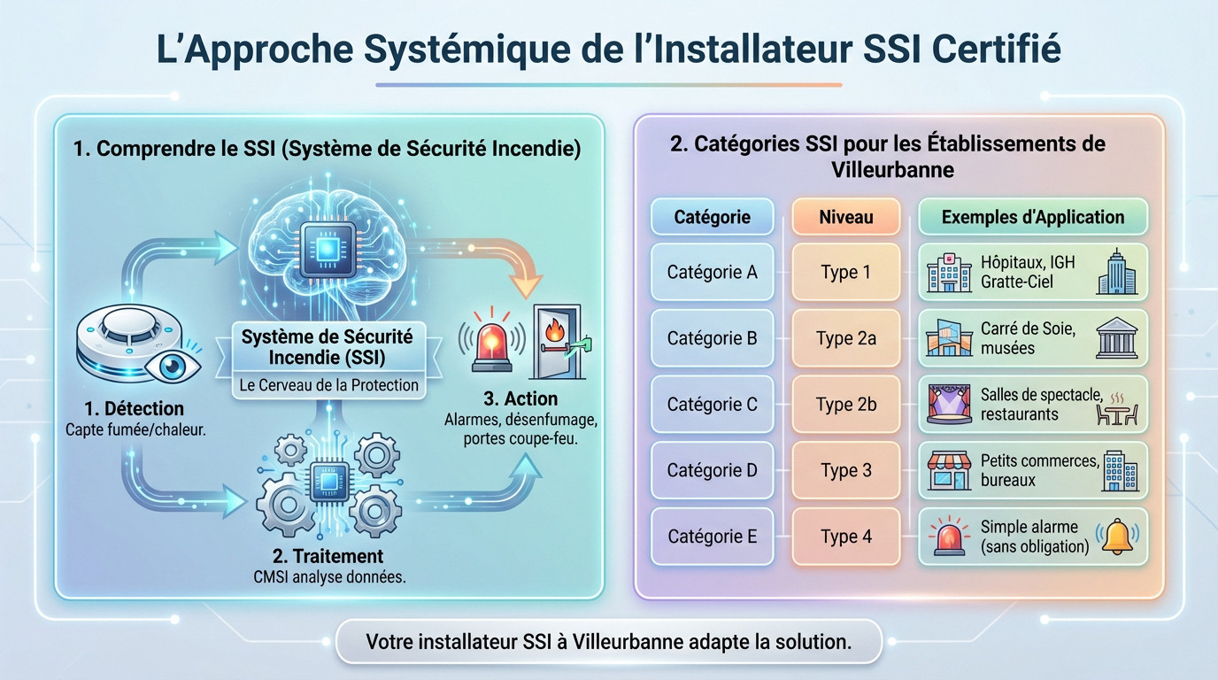 Sécurité incendie Villeurbanne : installation et normes SSI 2 Alise SSI – Sécurité et Sérénité Assurée Alise Schéma technique illustrant l'approche systémique d'un installateur SSI certifié