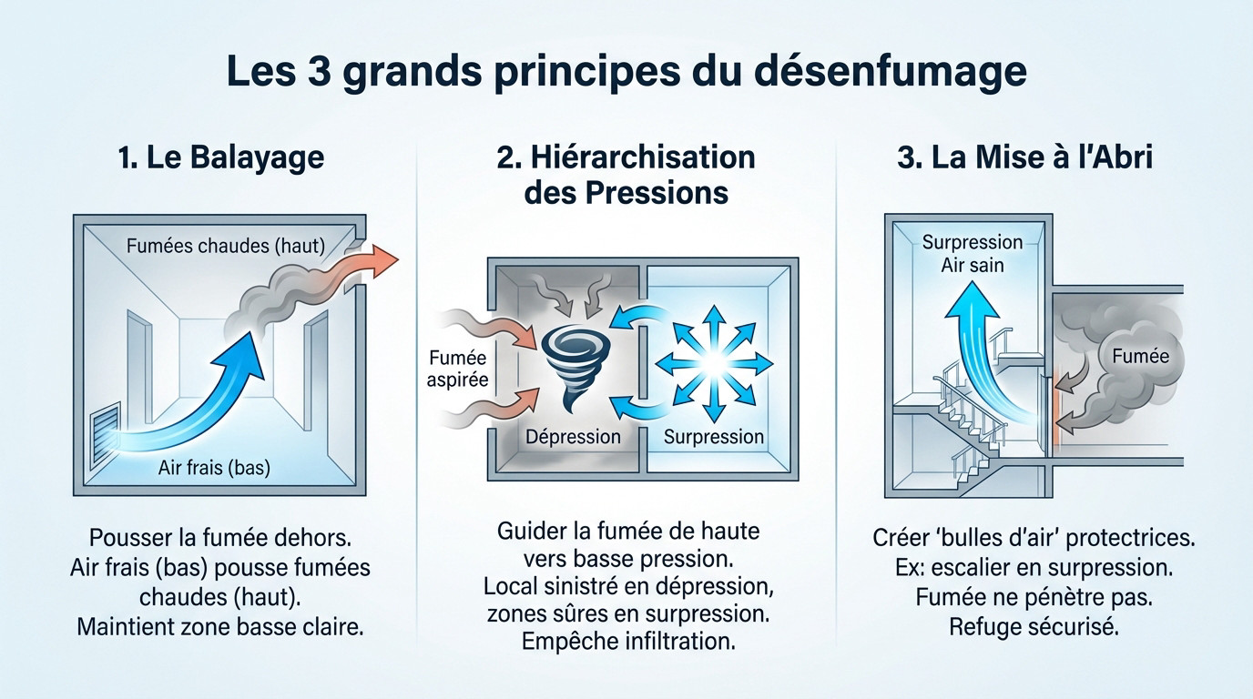 Schéma illustrant les 3 principes du désenfumage : balayage, pressions et mise à l'abri