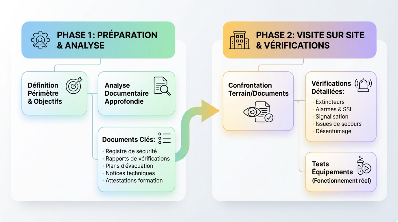 Audit sécurité incendie : étapes et checklist 2025 2 Alise SSI – Sécurité et Sérénité Assurée Alise Schéma illustrant les phases de préparation et de visite technique d'un audit incendie