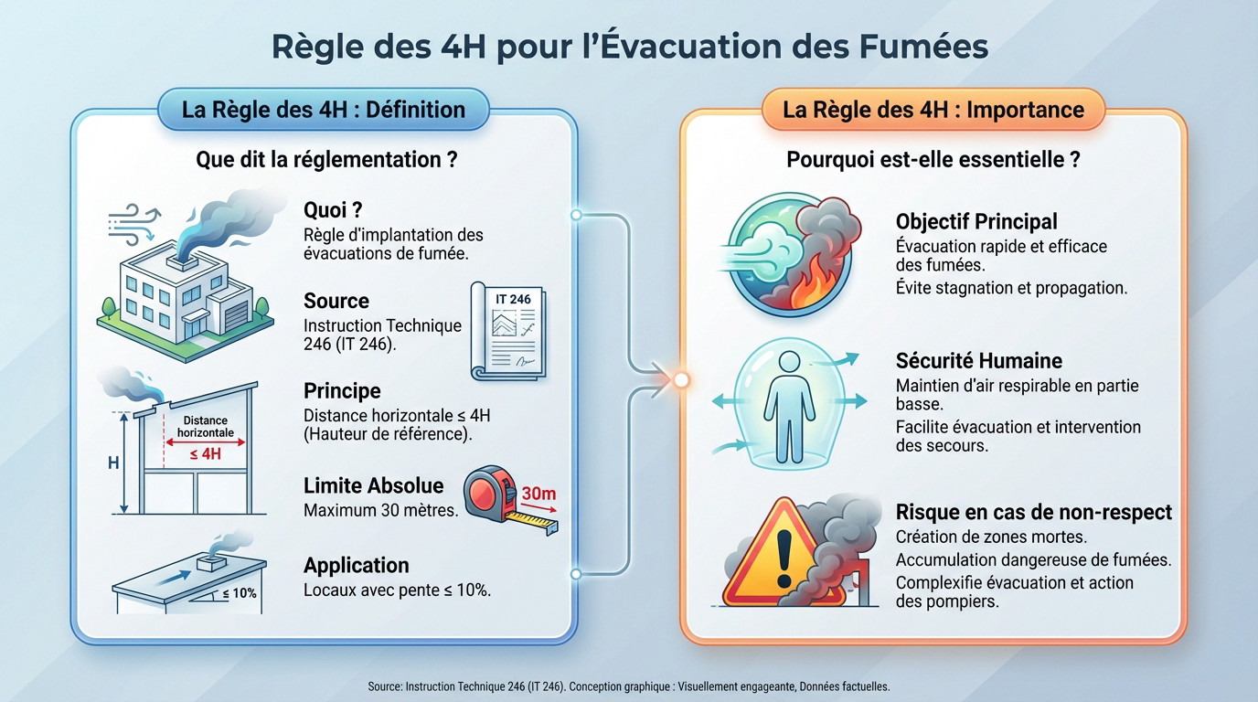 Règle des 4H désenfumage : Comprendre l'obligation IT 246 1 Alise SSI – Sécurité et Sérénité Assurée Alise Schéma illustrant la règle des 4H et la limite de 30 mètres pour le désenfumage
