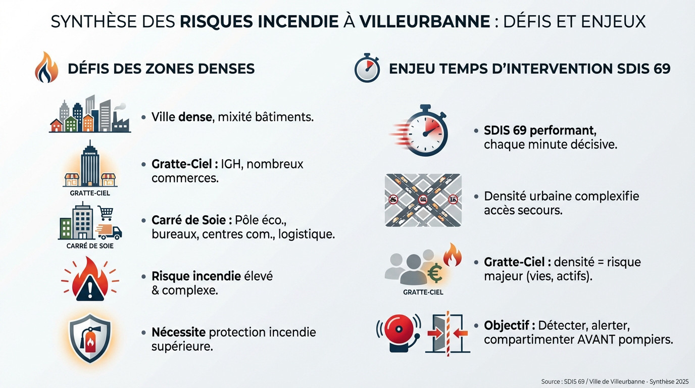 Sécurité incendie Villeurbanne : installation et normes SSI 1 Alise SSI – Sécurité et Sérénité Assurée Alise Synthèse des risques incendie à Villeurbanne montrant la densité urbaine des Gratte-Ciel et les enjeux de sécurité