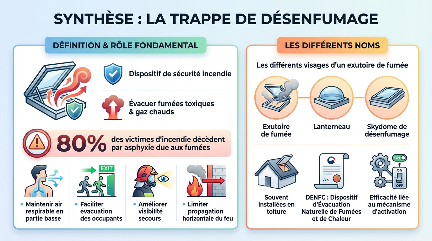 Fonctionnement d'une trappe de désenfumage : le décryptage 1 Alise SSI – Sécurité et Sérénité Assurée Alise Schéma synthétique illustrant le fonctionnement trappe désenfumage et l'évacuation des flux thermiques