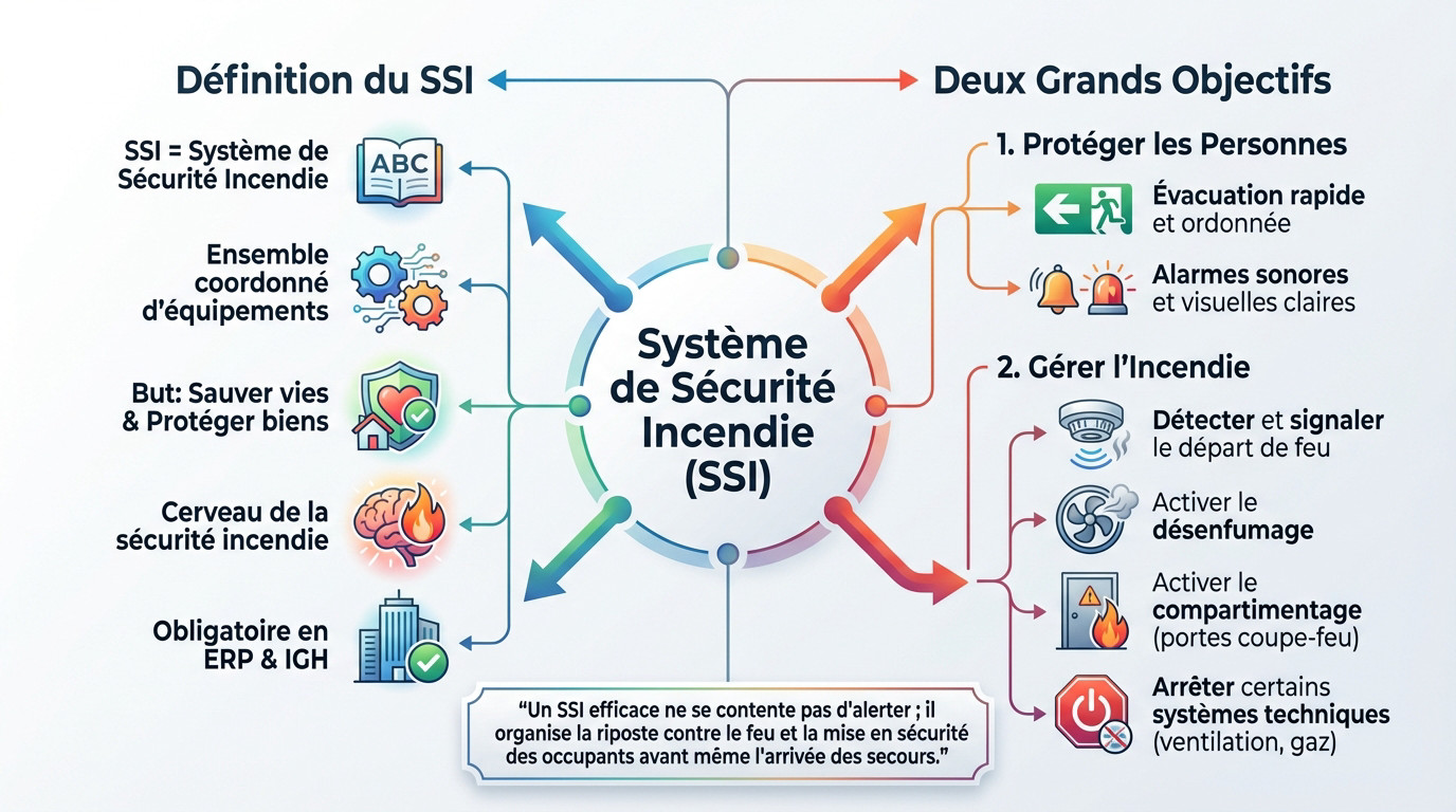 SSI incendie : définition, rôle et réglementation 1 Alise SSI – Sécurité et Sérénité Assurée Alise Schéma illustrant le fonctionnement global d'un ssi incendie et ses composants