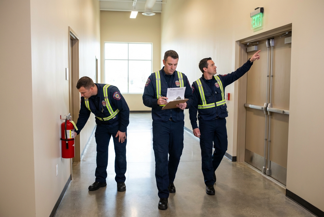 Rapport de vérification SSI : contenu, modèle et obligations 4 Alise SSI – Sécurité et Sérénité Assurée Alise Équipe d'inspecteurs sécurité incendie vérifiant un bâtiment