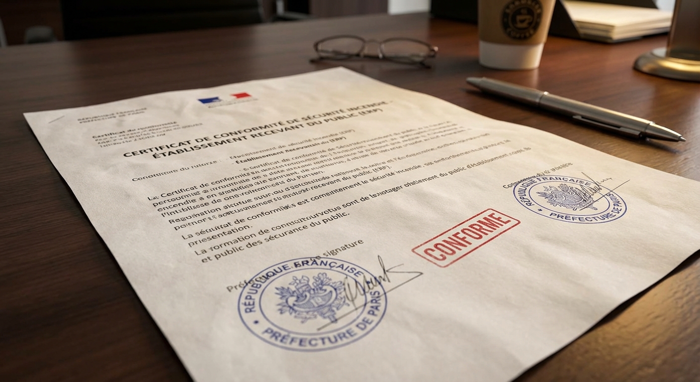Mise en conformité incendie ERP : les étapes pour être aux normes 4 Alise SSI – Sécurité et Sérénité Assurée Alise Certificat de conformité incendie ERP avec tampons officiels
