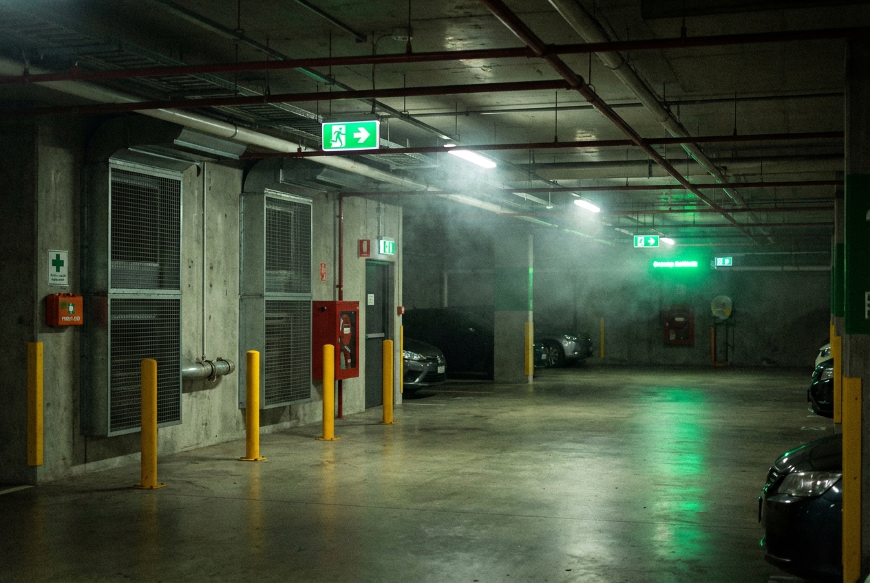 Désenfumage parking souterrain : obligations et solutions techniques 4 Alise SSI – Sécurité et Sérénité Assurée Alise Panneaux de sortie de secours et grilles de ventilation dans un parking souterrain