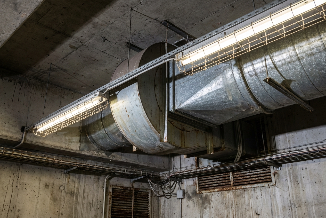 Désenfumage parking souterrain : obligations et solutions techniques 3 Alise SSI – Sécurité et Sérénité Assurée Alise Ventilateur d extraction de fumee installe dans le plafond beton d un parking