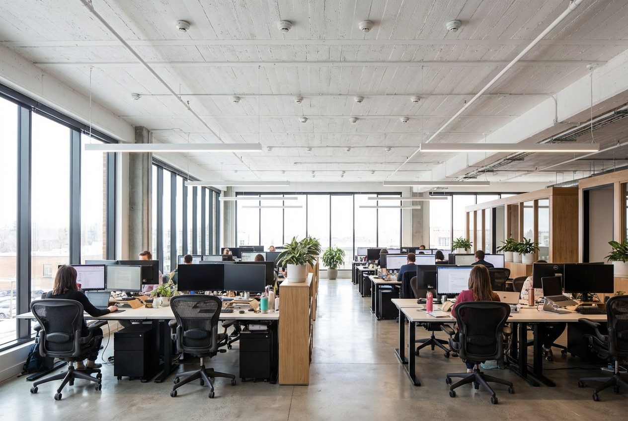 Comment fonctionne un détecteur de fumée en ERP ? 5 Alise SSI – Sécurité et Sérénité Assurée Alise Bureau open space avec plusieurs detecteurs de fumee visibles au plafond