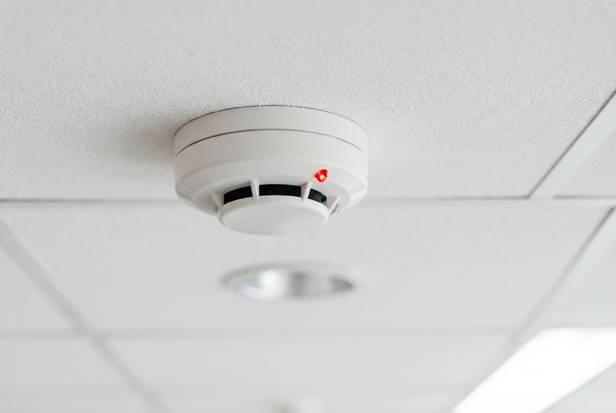 Comment fonctionne un détecteur de fumée en ERP ? 2 Alise SSI – Sécurité et Sérénité Assurée Alise Detecteur de fumee au plafond avec voyant LED rouge allume