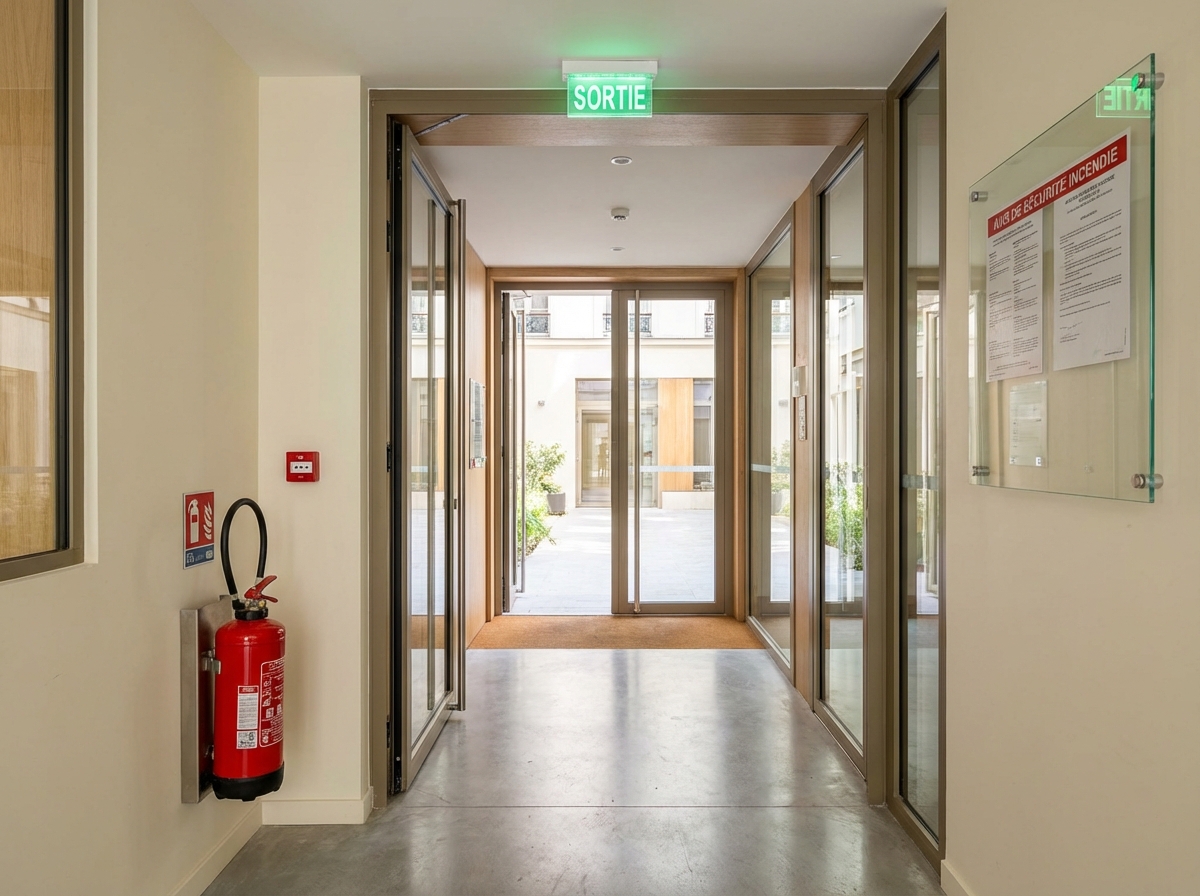 Sécurité incendie en copropriété : obligations du syndic 1 Alise SSI – Sécurité et Sérénité Assurée Alise Hall d’entrée d’immeuble avec équipements de sécurité incendie visibles