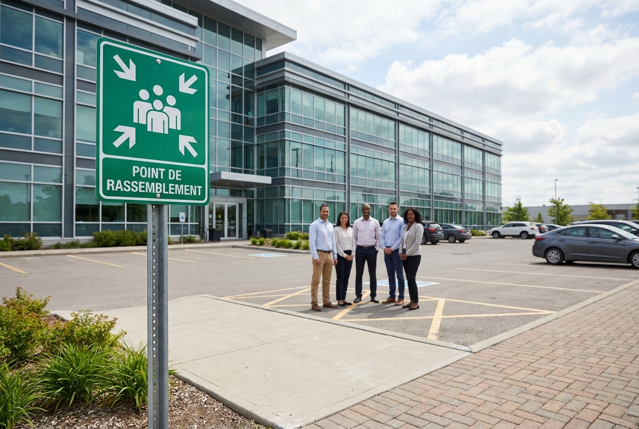 Guide-file et serre-file : rôles, obligations et formation 4 Alise SSI – Sécurité et Sérénité Assurée Alise Point de rassemblement devant un bâtiment commercial lors d'une évacuation
