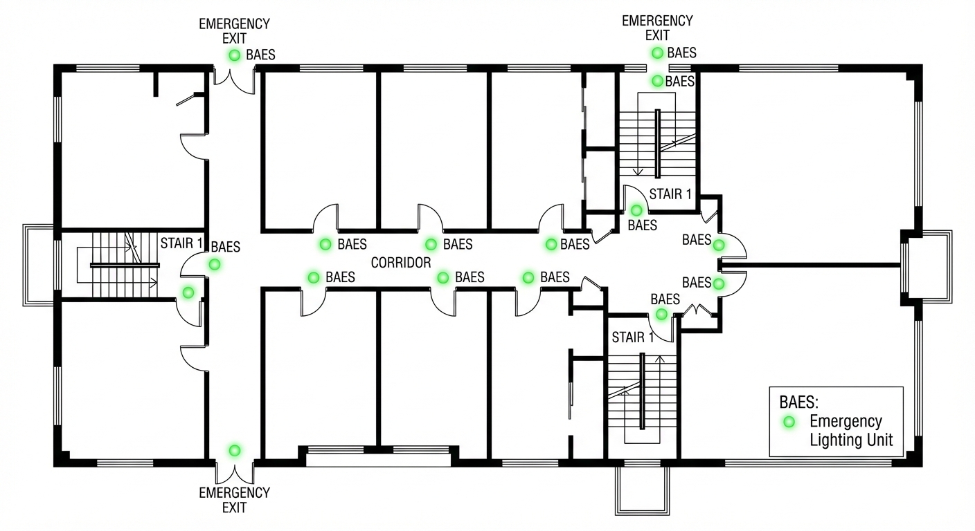 BAES : combien en installer et où les placer ? 3 Alise SSI – Sécurité et Sérénité Assurée Alise Plan d'implantation des BAES dans un bâtiment avec emplacements repérés