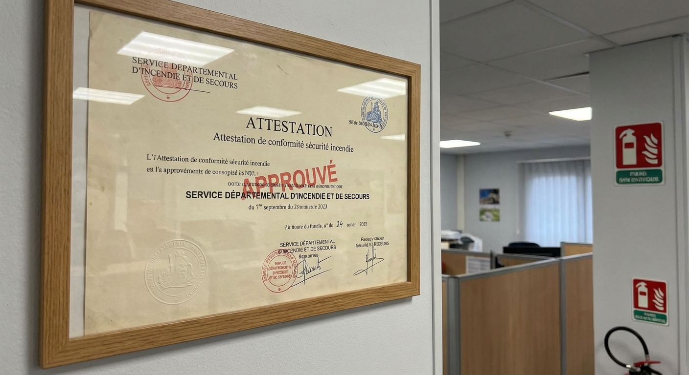 Contrôle technique incendie : qui peut le réaliser et à quelle fréquence ? 3 Alise SSI – Sécurité et Sérénité Assurée Alise Certificat de conformité sécurité incendie affiché sur un mur