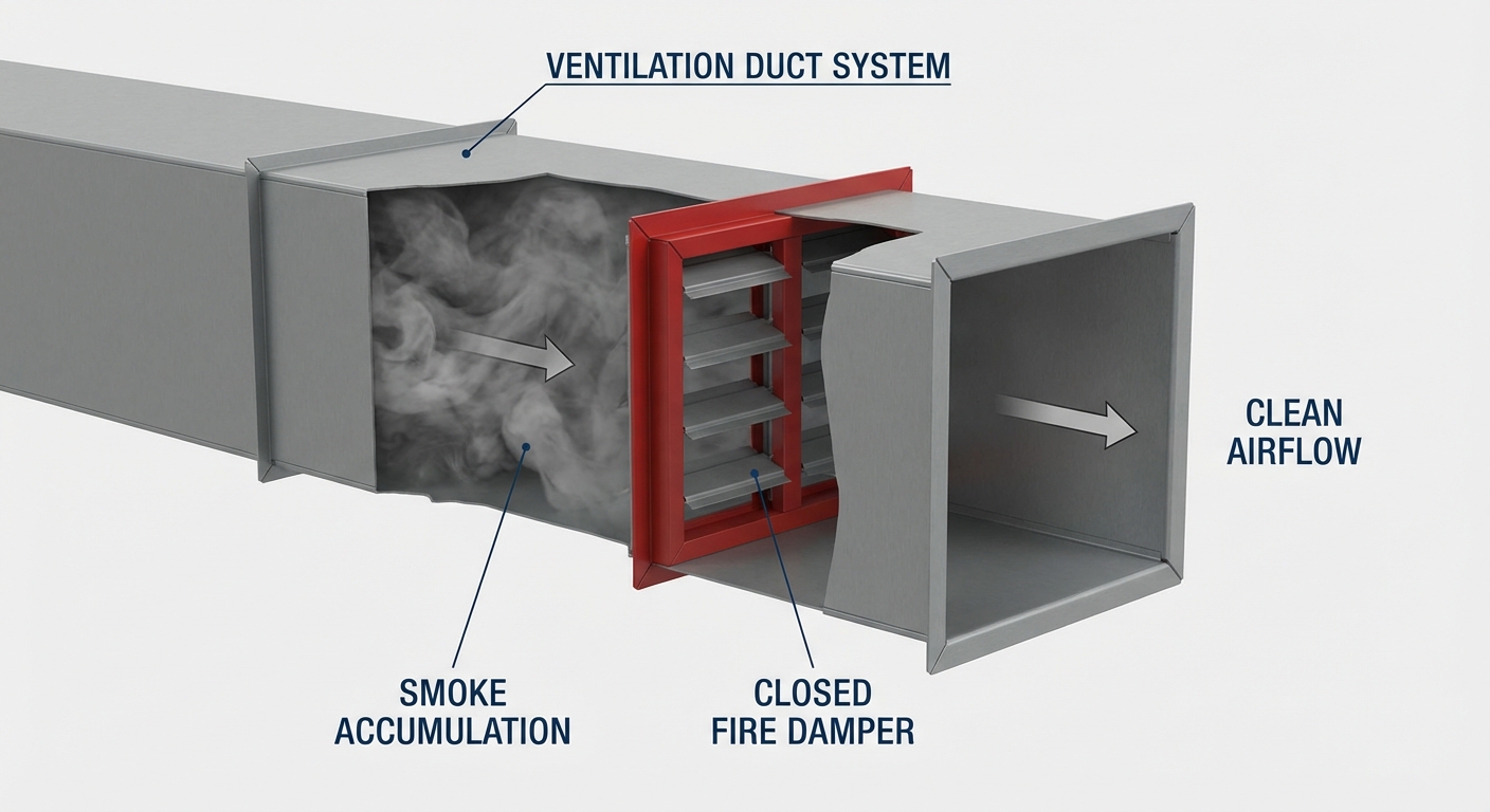 Clapet coupe-feu : rôle dans le compartimentage et maintenance 4 Alise SSI – Sécurité et Sérénité Assurée Alise Clapet coupe-feu fermé bloquant la fumée dans un système de ventilation