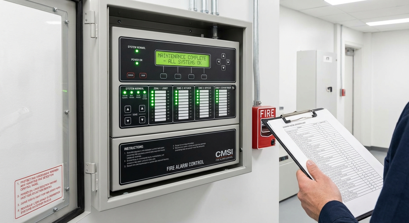 Maintenance SSI : checklist complète des vérifications obligatoires 4 Alise SSI – Sécurité et Sérénité Assurée Alise Panneau de détection incendie CMSI affichant des voyants verts après maintenance