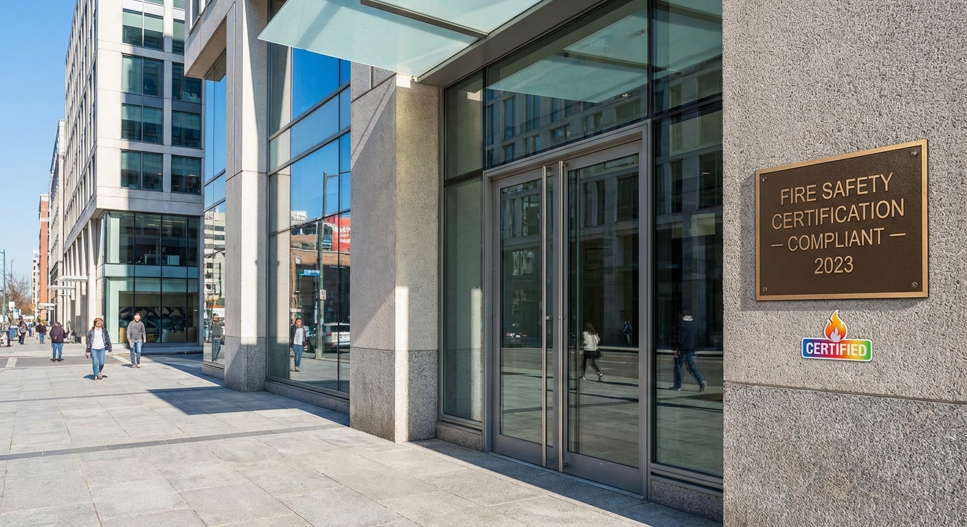 Devis sécurité incendie : combien coûte une mise en conformité ? 4 Alise SSI – Sécurité et Sérénité Assurée Alise Bâtiment commercial avec plaque de conformité sécurité incendie