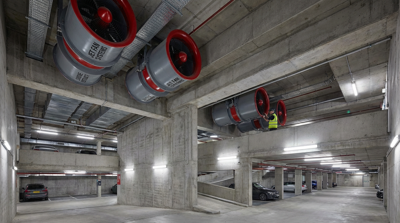 Systeme de desenfumage dans un parking souterrain avec jet fans au plafond
