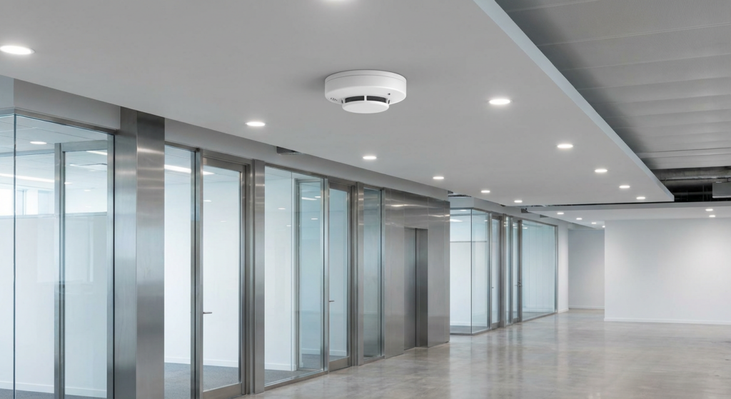 Comment fonctionne un détecteur de fumée en ERP ? 32 Alise SSI – Sécurité et Sérénité Assurée Alise Detecteur de fumee installe au plafond d un ERP commercial moderne