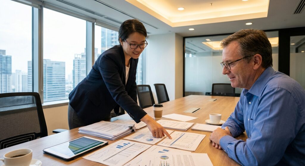 Devis sécurité incendie : combien coûte une mise en conformité ? 46 Alise SSI – Sécurité et Sérénité Assurée Alise Consultant en securite incendie presentant un devis de mise en conformite a un client