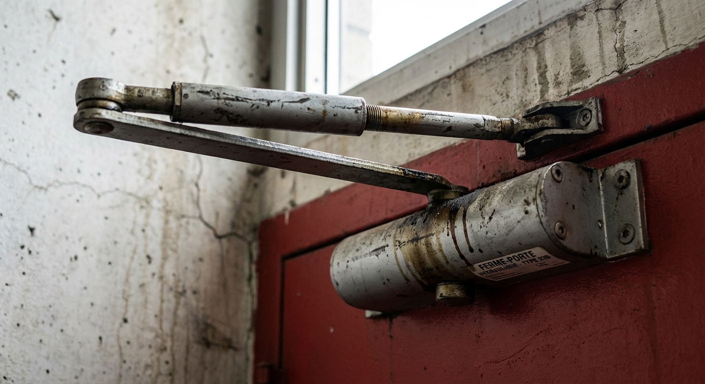 Porte coupe-feu pour cage d'escalier : normes et installation 3 Alise SSI – Sécurité et Sérénité Assurée Alise Ferme-porte hydraulique sur une porte coupe-feu de cage d'escalier
