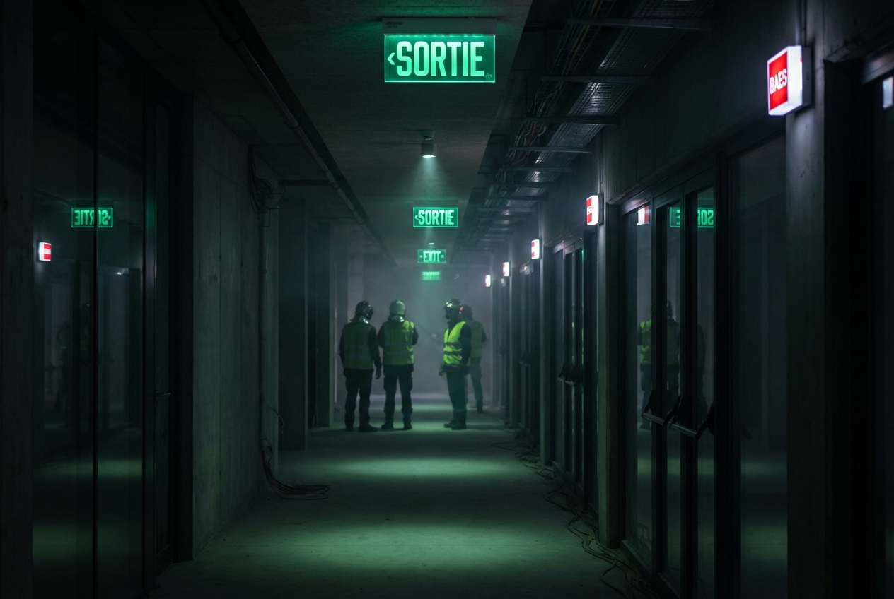 Mise en sécurité incendie d’un bâtiment : les 5 fonctions du SMSI 3 Alise SSI – Sécurité et Sérénité Assurée Alise BAES éclairage de sécurité activé dans un couloir sombre