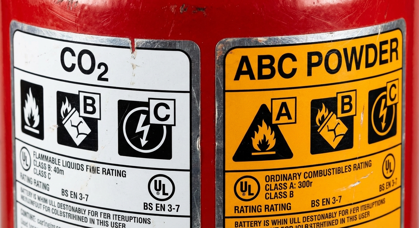 Extincteur CO2 ou poudre : lequel choisir pour votre entreprise ? 1 Alise SSI – Sécurité et Sérénité Assurée Alise Étiquettes extincteur CO2 et poudre ABC avec classes de feu