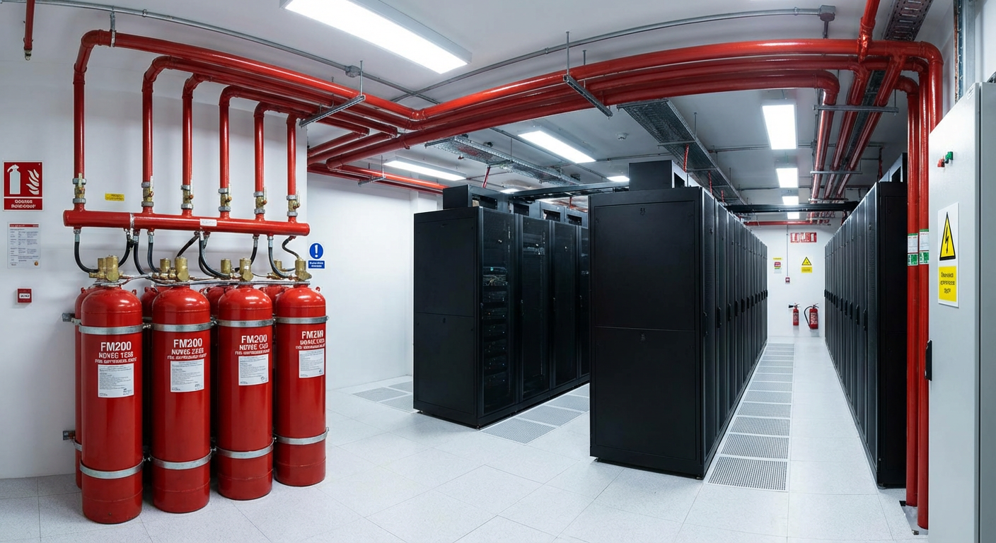 Bouteilles agent extincteur gaz FM200 et Novec installees en salle serveurs avec reseau de tuyauterie rouge