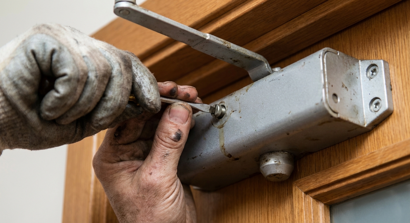 Ferme-porte pour porte coupe-feu : réglages et normes 3 Alise SSI – Sécurité et Sérénité Assurée Alise Technicien réglant la vitesse d’un ferme-porte avec un tournevis