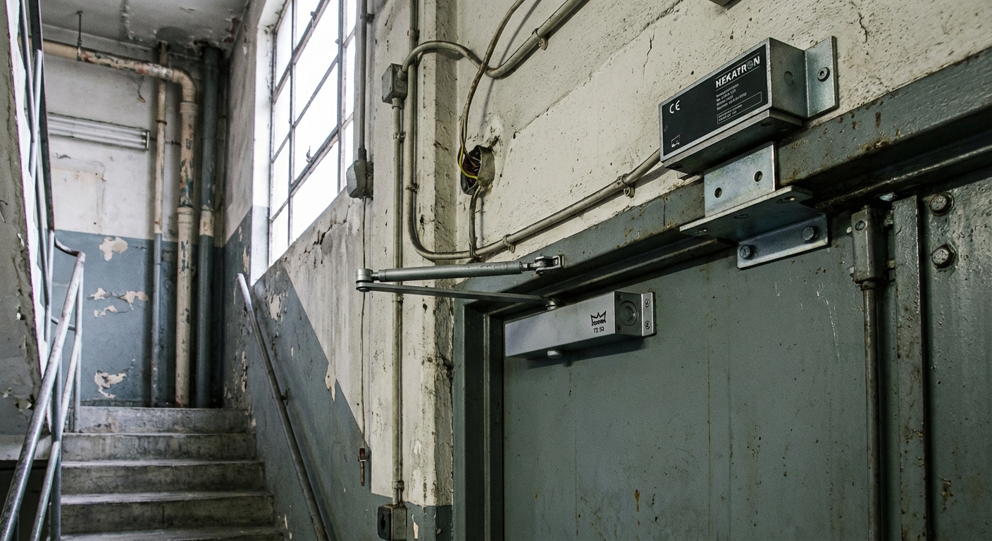 Porte coupe-feu pour cage d'escalier : normes et installation 2 Alise SSI – Sécurité et Sérénité Assurée Alise Ferme-porte et ventouse électromagnétique sur porte coupe-feu de cage d'escalier