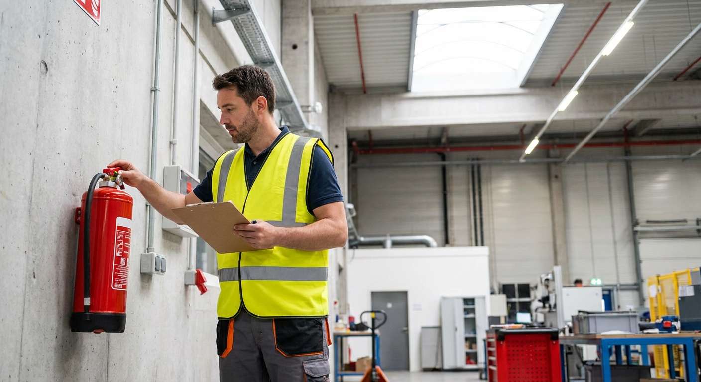 Technicien verifiant la pression d un extincteur lors d une inspection annuelle