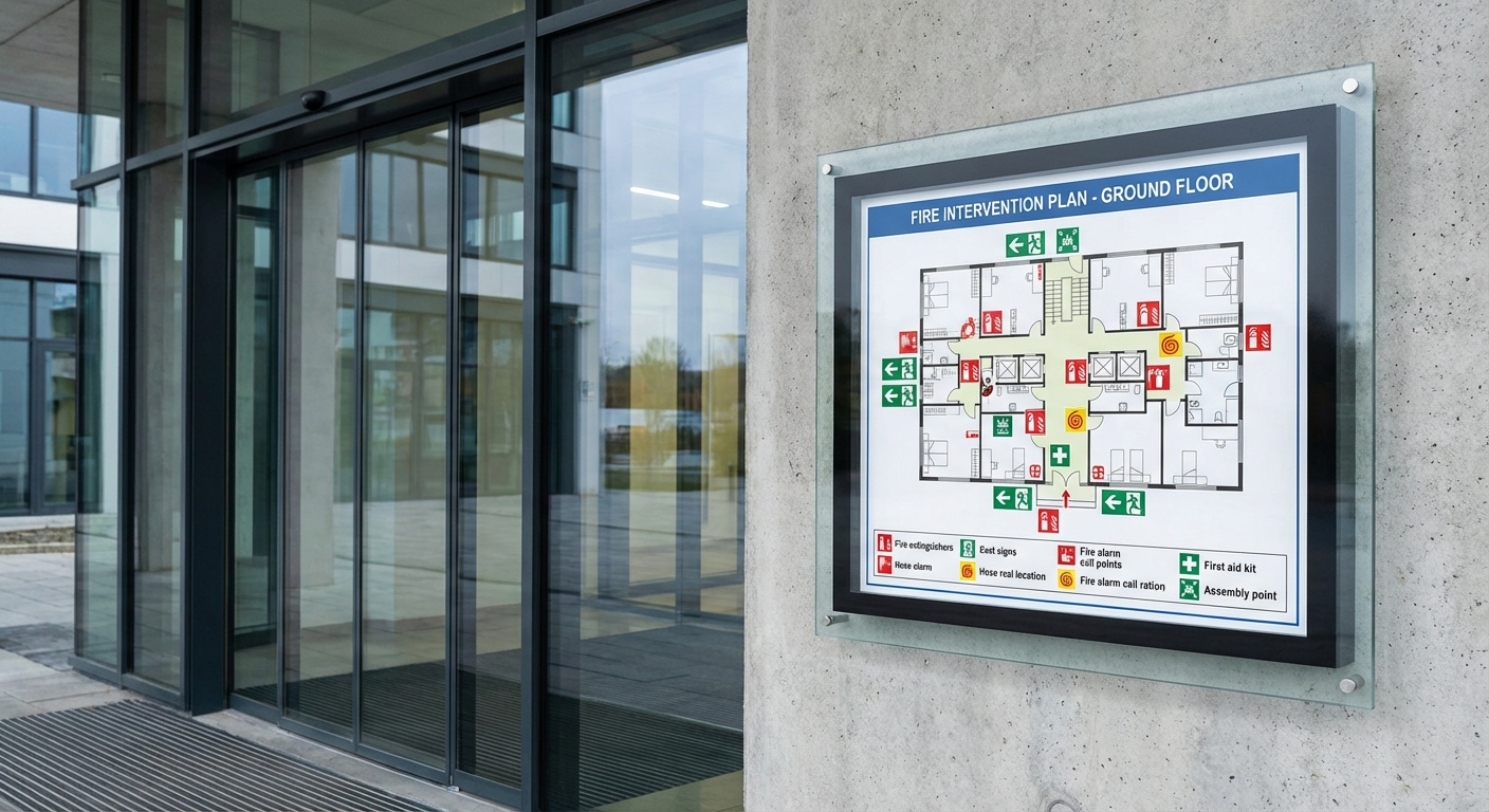 Pictogramme plan d'intervention SST : Une nécessité pour la sécurité au travail 2 Alise SSI – Sécurité et Sérénité Assurée Alise Plan intervention incendie sous cadre vitree entree batiment