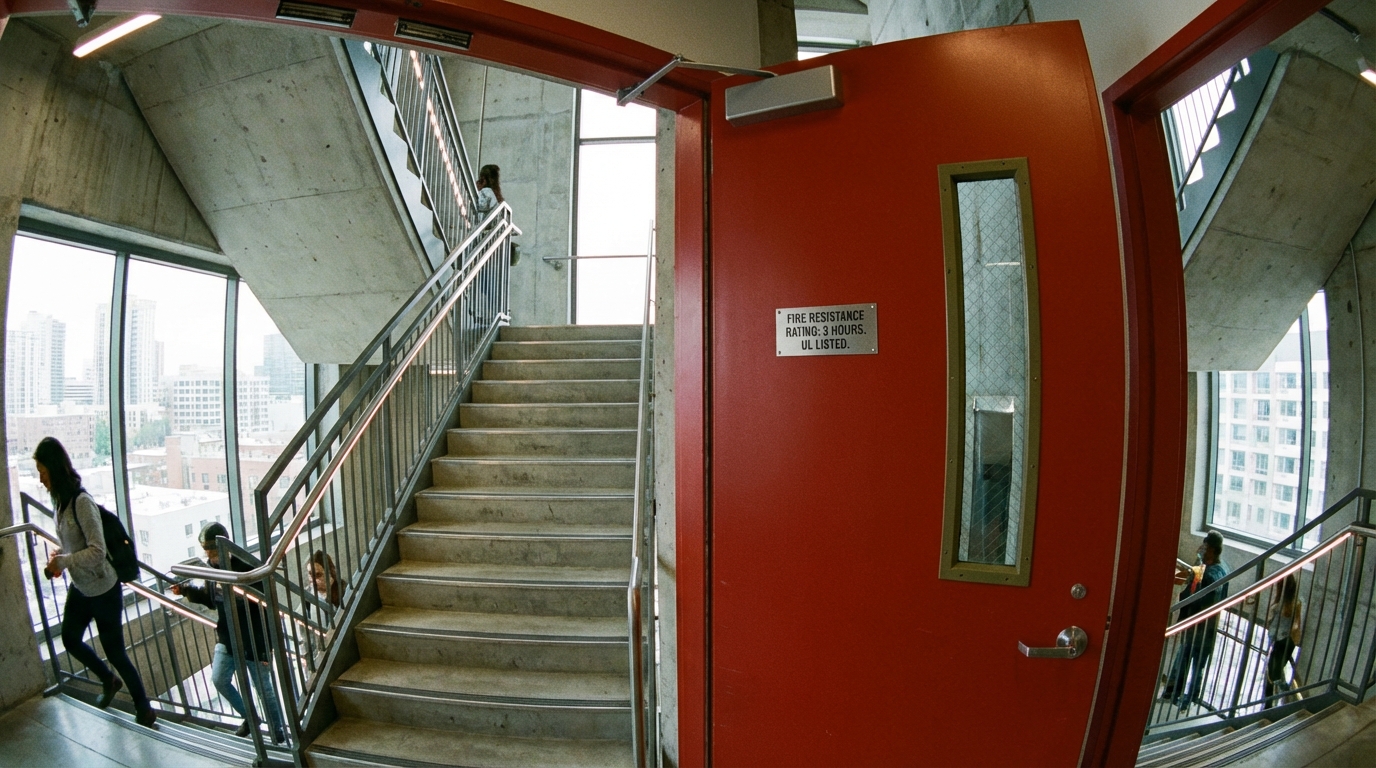 Porte coupe-feu pour cage d'escalier : normes et installation 1 Alise SSI – Sécurité et Sérénité Assurée Alise Porte coupe-feu dans une cage d'escalier moderne avec main courante