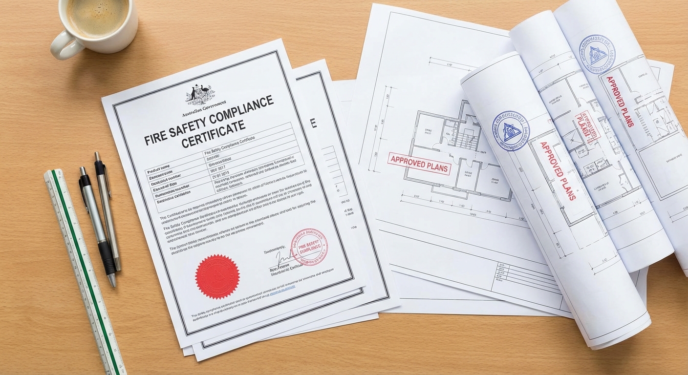 Mise en conformité incendie ERP : les étapes pour être aux normes 2 Alise SSI – Sécurité et Sérénité Assurée Alise Certificat de conformité incendie et plans approuvés sur un bureau