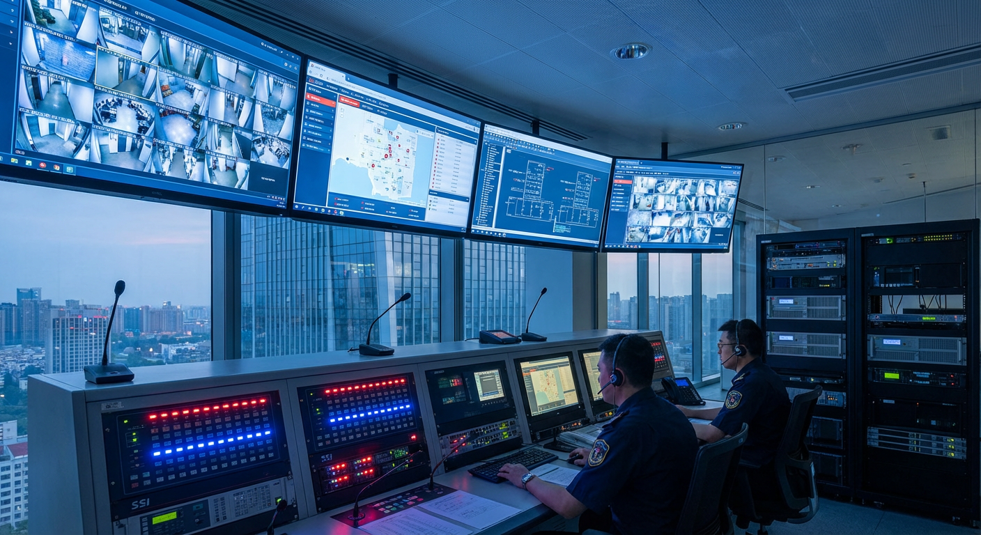 Installation SSI en immeuble de grande hauteur (IGH) : spécificités 2 Alise SSI – Sécurité et Sérénité Assurée Alise Salle de contrôle SSI dans un immeuble de grande hauteur avec écrans de supervision