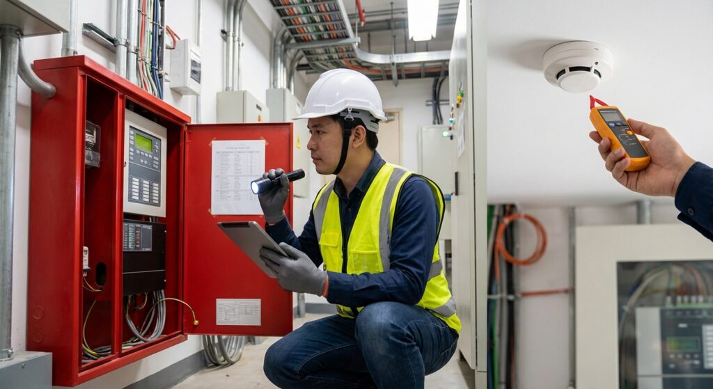 Maintenance préventive des systèmes de sécurité incendie : indispensable pour éviter les risques 4 Alise SSI – Sécurité et Sérénité Assurée Alise Ingénieur inspectant les composants d'un système SSI