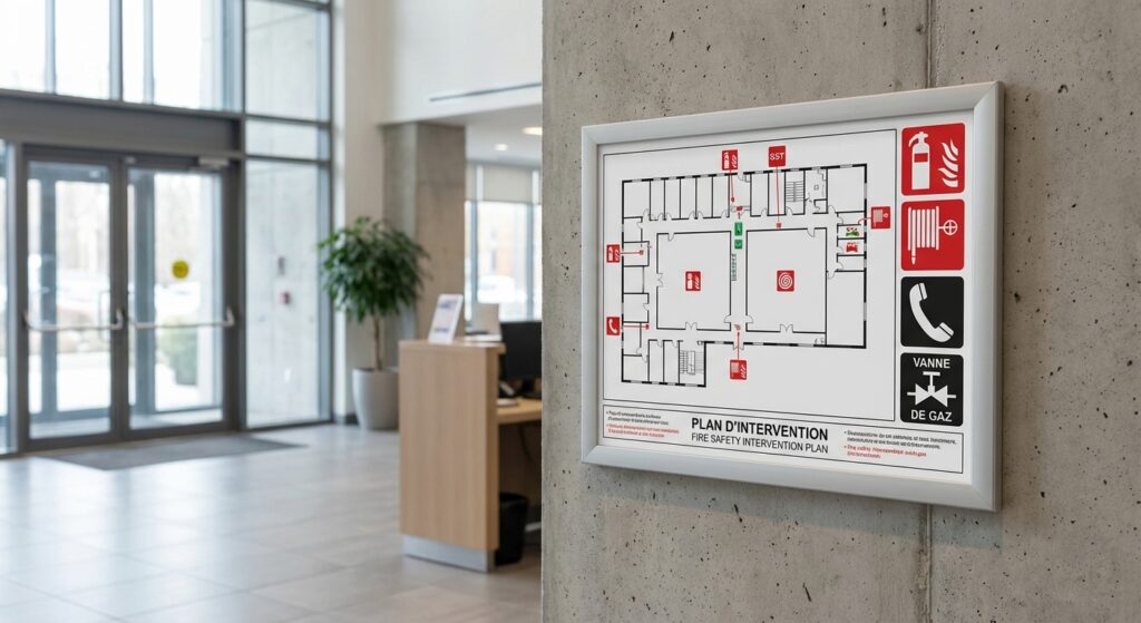 Pictogramme plan d'intervention SST : Une nécessité pour la sécurité au travail 7 Alise SSI – Sécurité et Sérénité Assurée Alise Pictogrammes plan intervention SST sur mur entree batiment