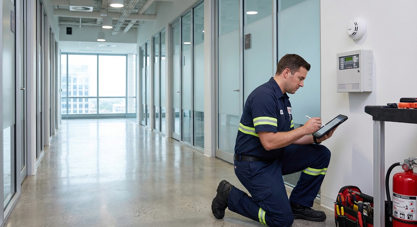 Maintenance SSI : checklist complète des vérifications obligatoires 2 Alise SSI – Sécurité et Sérénité Assurée Alise Technicien de maintenance SSI avec tablette vérifiant les équipements de sécurité incendie