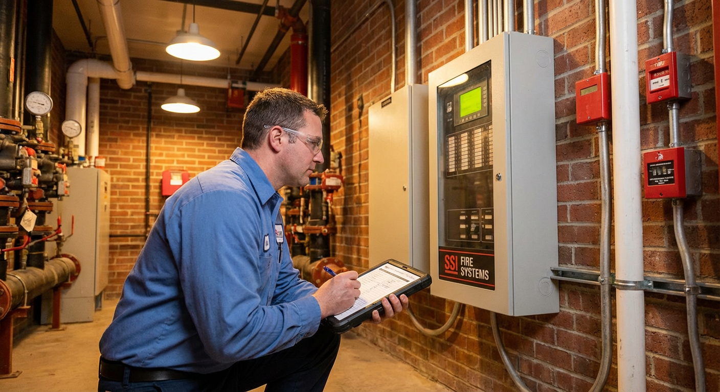 centralisateur de mise en sécurité incendie installé en local technique, intervention Alise SSI en Isère — maintenance