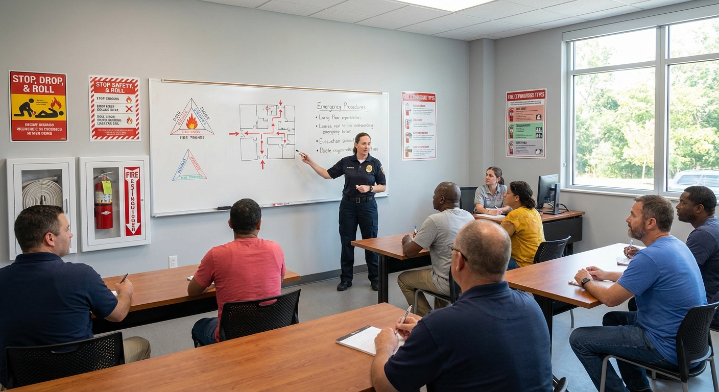 Formation SSIAP 1 : programme, prérequis et débouchés 1 Alise SSI – Sécurité et Sérénité Assurée Alise Salle de formation SSIAP avec stagiaires et formateur devant un tableau de diagrammes de sécurité incendie