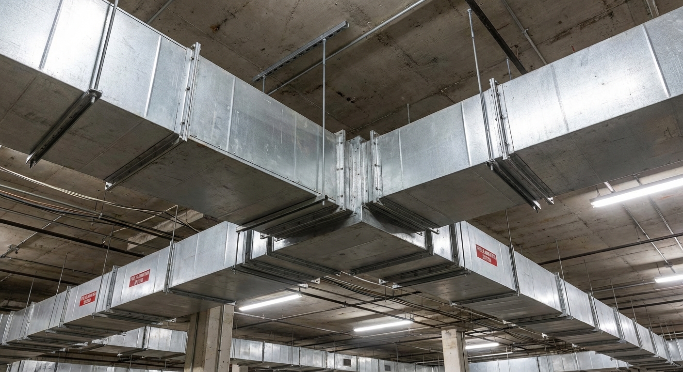 Désenfumage mécanique en ERP : avantages et contraintes d'installation 3 Alise SSI – Sécurité et Sérénité Assurée Alise Gaines d'extraction de fumée dans le plafond d'un bâtiment commercial