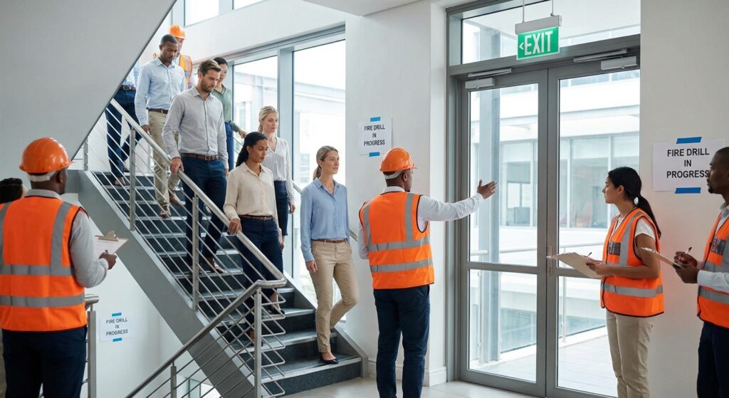 Guide-file et serre-file : rôles, obligations et formation 22 Alise SSI – Sécurité et Sérénité Assurée Alise Exercice d’évacuation incendie avec guide-file en gilet fluorescent dirigeant les employés vers la sortie de secours