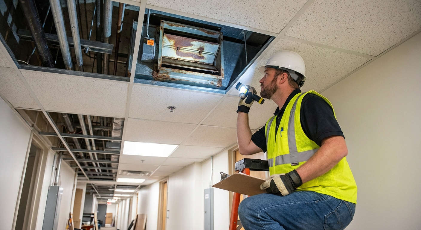 Clapet coupe-feu : rôle dans le compartimentage et maintenance 3 Alise SSI – Sécurité et Sérénité Assurée Alise Technicien CVC inspectant un clapet coupe-feu dans une trappe de plafond