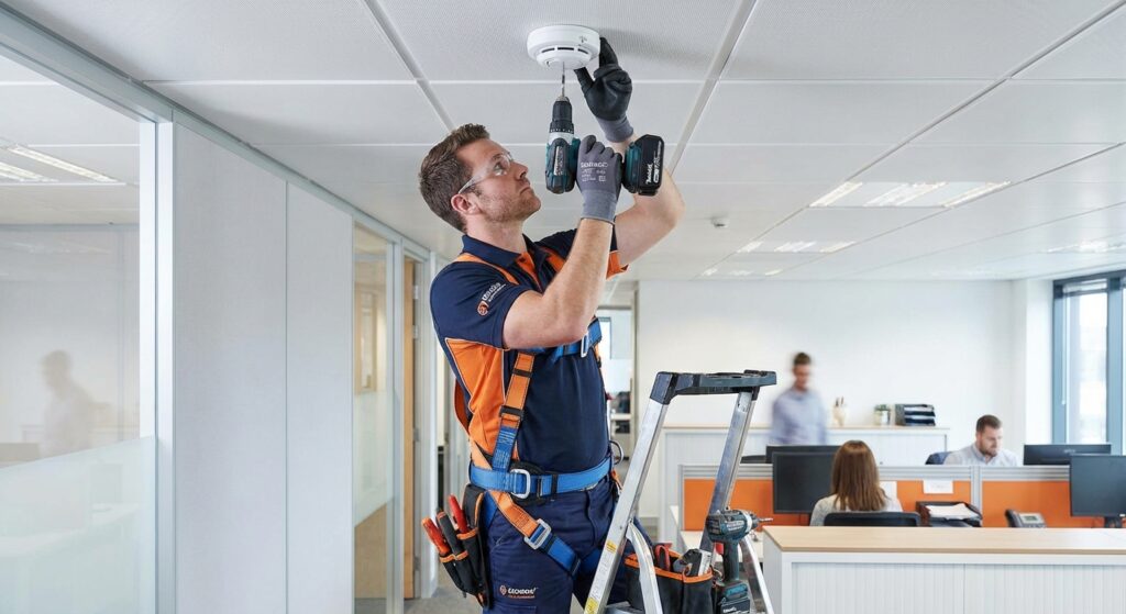 Installation alarme incendie en entreprise : prix et étapes 11 Alise SSI – Sécurité et Sérénité Assurée Alise Technicien installant une alarme incendie au plafond dans un bureau