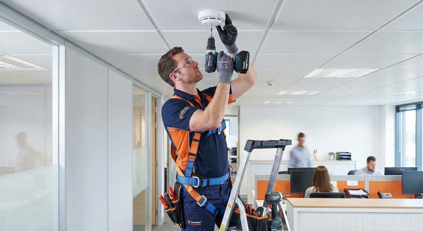 Technicien installant une alarme incendie au plafond dans un bureau